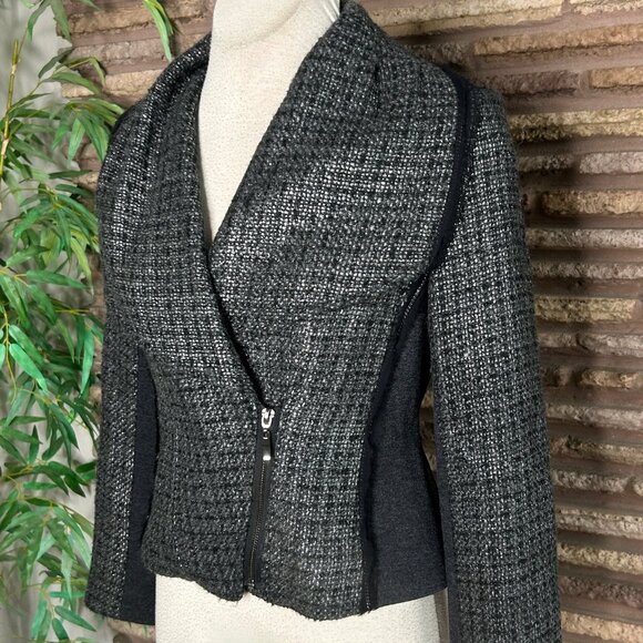 Cache Blazer Navy Blue Tweed Asymmetrical Zip Oversized Collar Size 6 - Picture 7 of 9